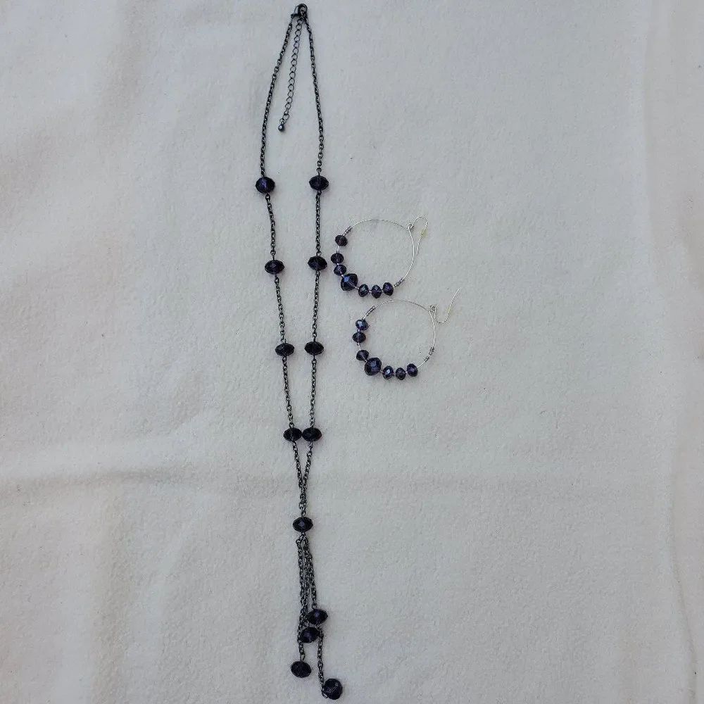 Purple bead necklace and hoop earrings set